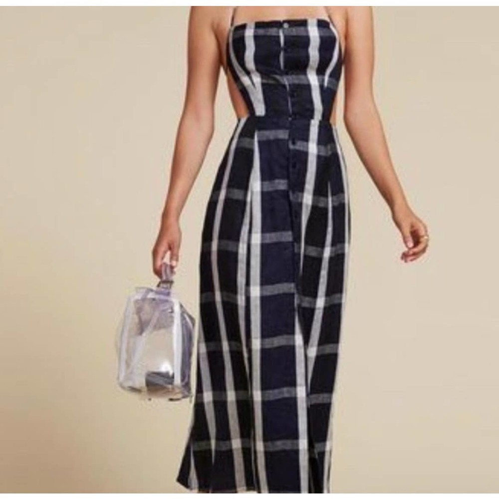 Reformation Manon Dress Size 0 Linen Checkered Plaid Halter Midi